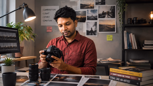 Guna reviewing shots on a camera, surrounded by photo prints
