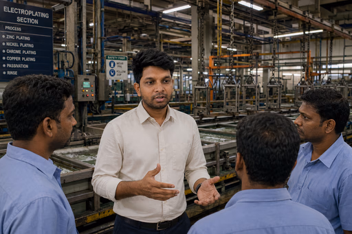 Guna explaining a process to colleagues on a factory floor