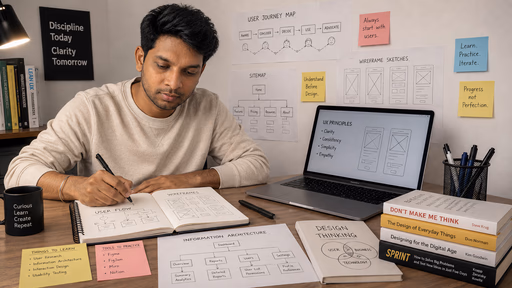 Guna sketching UX flows at a desk stacked with design books