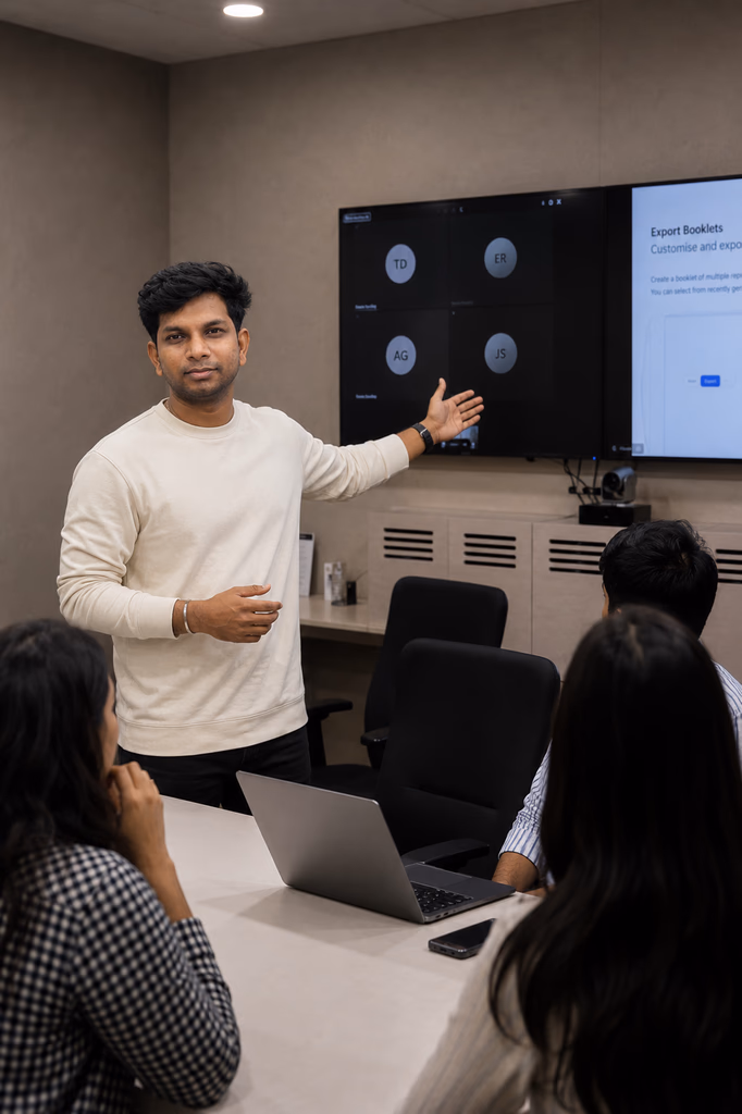 Guna presenting a design review to a team in a meeting room