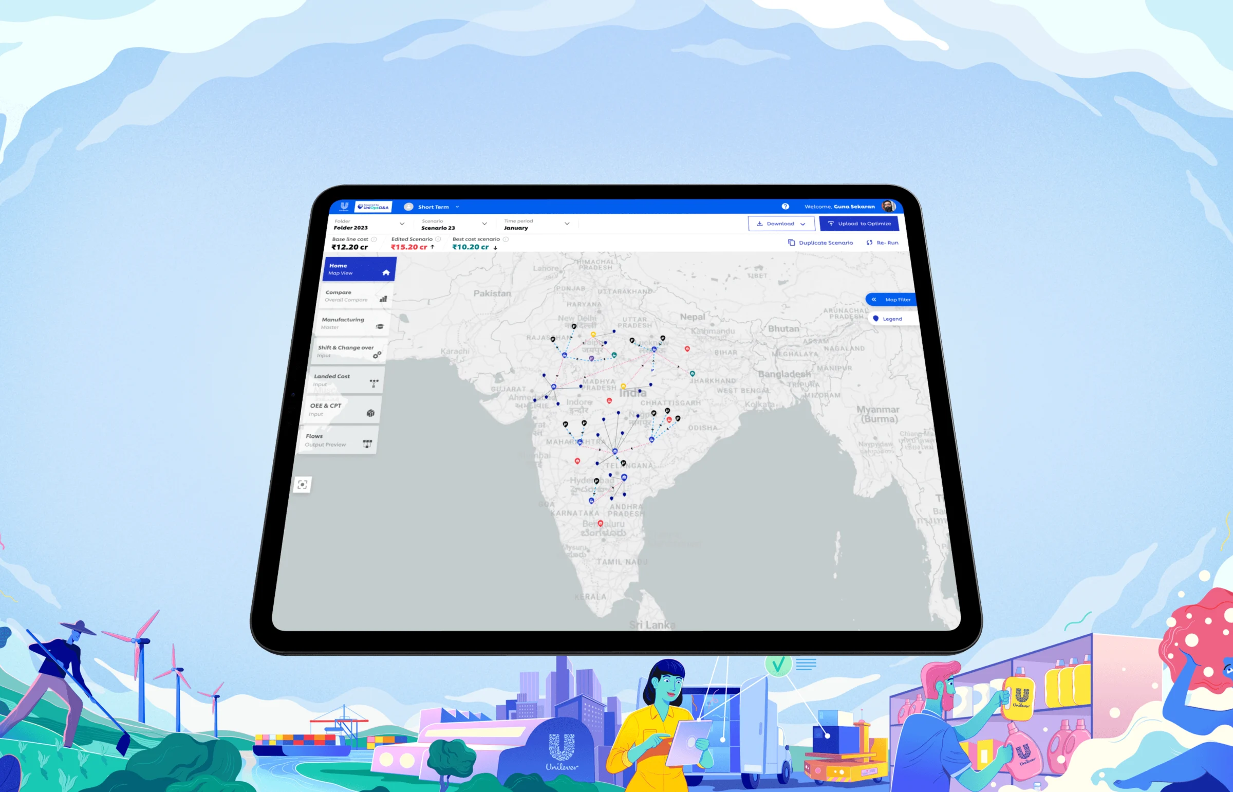 The Network Optimizer map view on a tablet, above an illustrated supply chain of plants, trucks and wind turbines