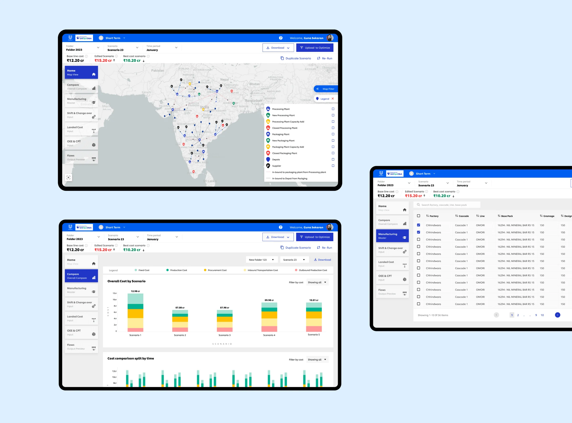 Three Network Optimizer screens on tablets: the map view, the scenario comparison, and the editable scenario data