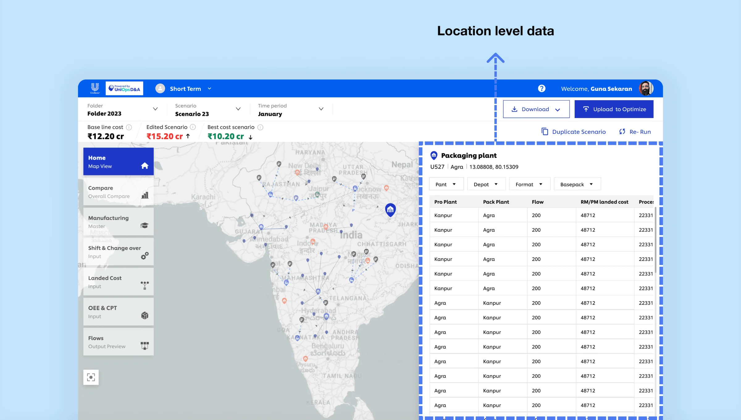 A packaging plant opened from the map, with its location-level data in a table beside the map