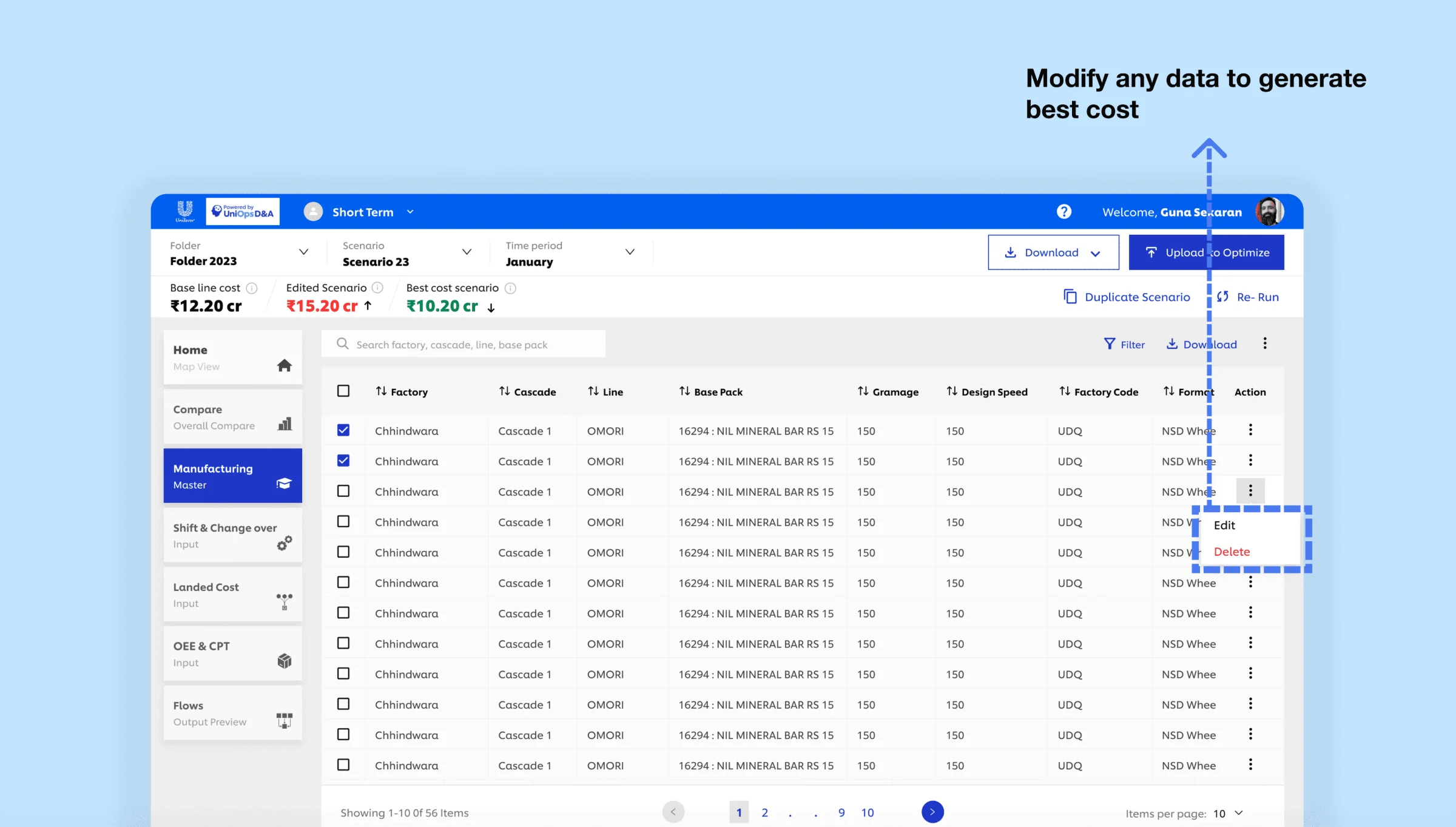 The scenario data table, with one row being edited to generate a new best cost