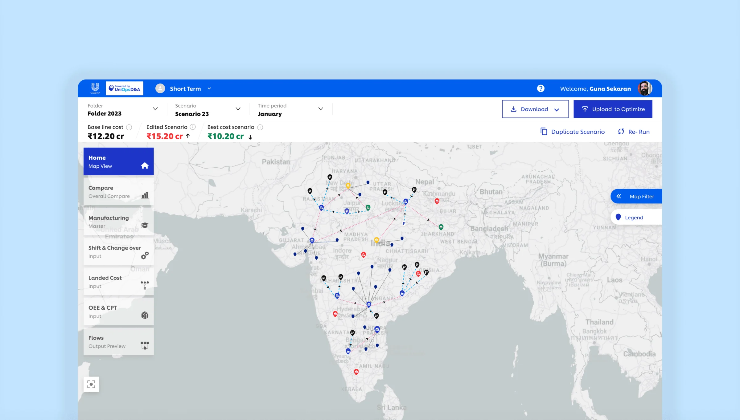 The map view: plants, depots and routes plotted across India, under the three-scenario cost header