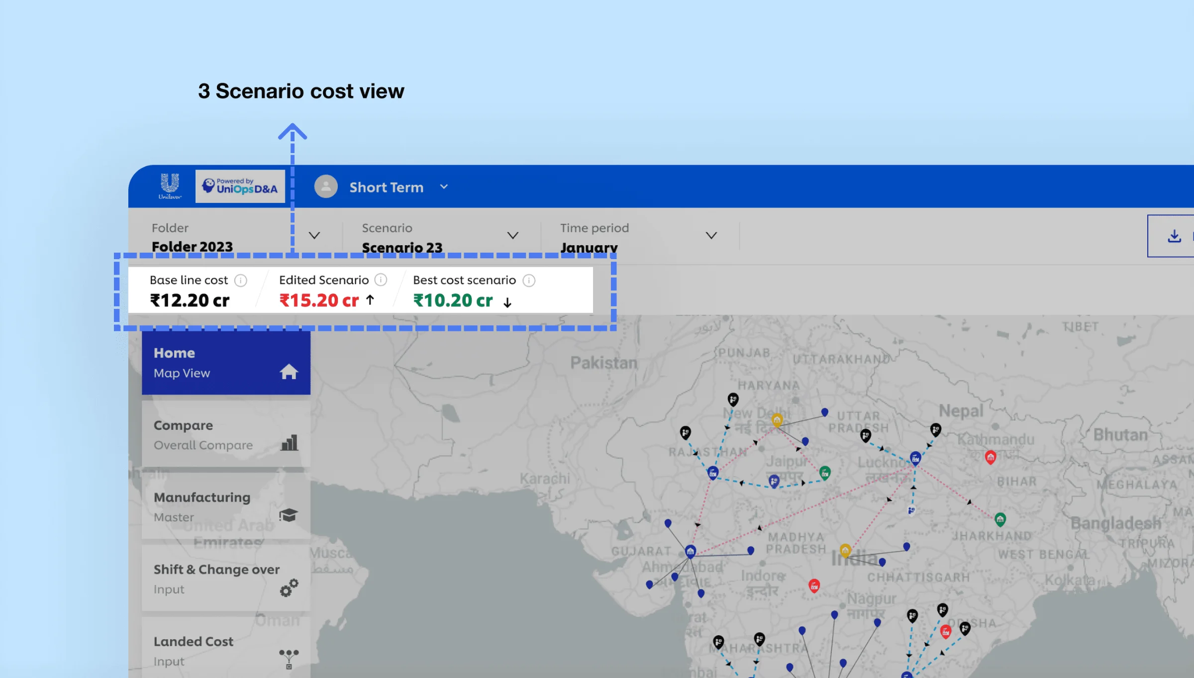 The three-scenario cost header, base line, edited and best cost, above the map