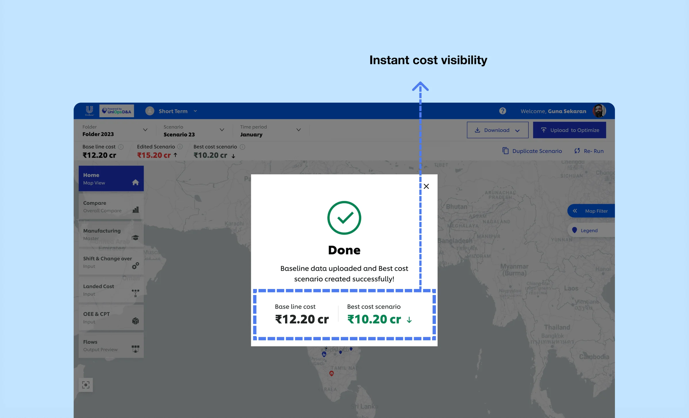 The upload dialog: baseline data uploaded and the best-cost scenario created, with a base line cost of ₹12.20 cr and a best cost of ₹10.20 cr