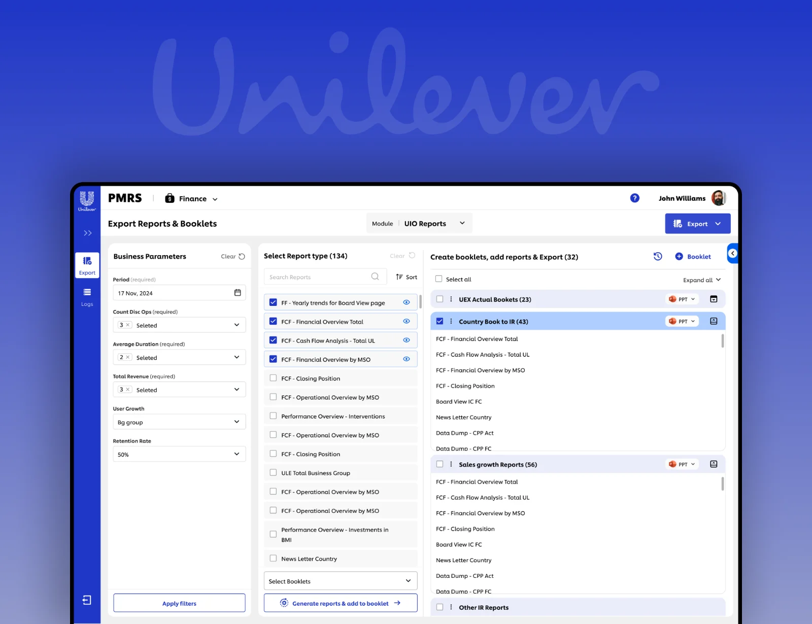 Unilever PMRS: the export reports and booklets screen on a tablet, against a blue Unilever background