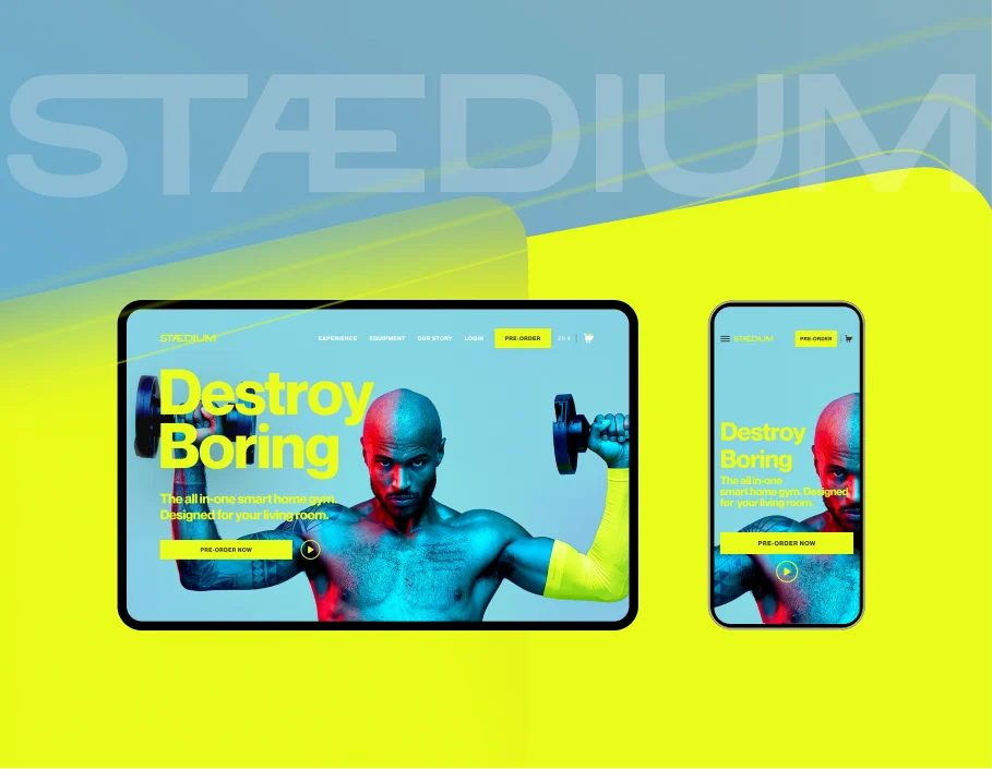 The Stædium pre-launch website on a tablet and a phone, against a lime and blue background