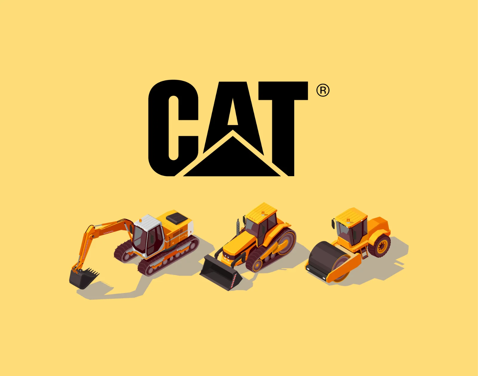 Caterpillar logo above an illustrated excavator, track loader and road roller