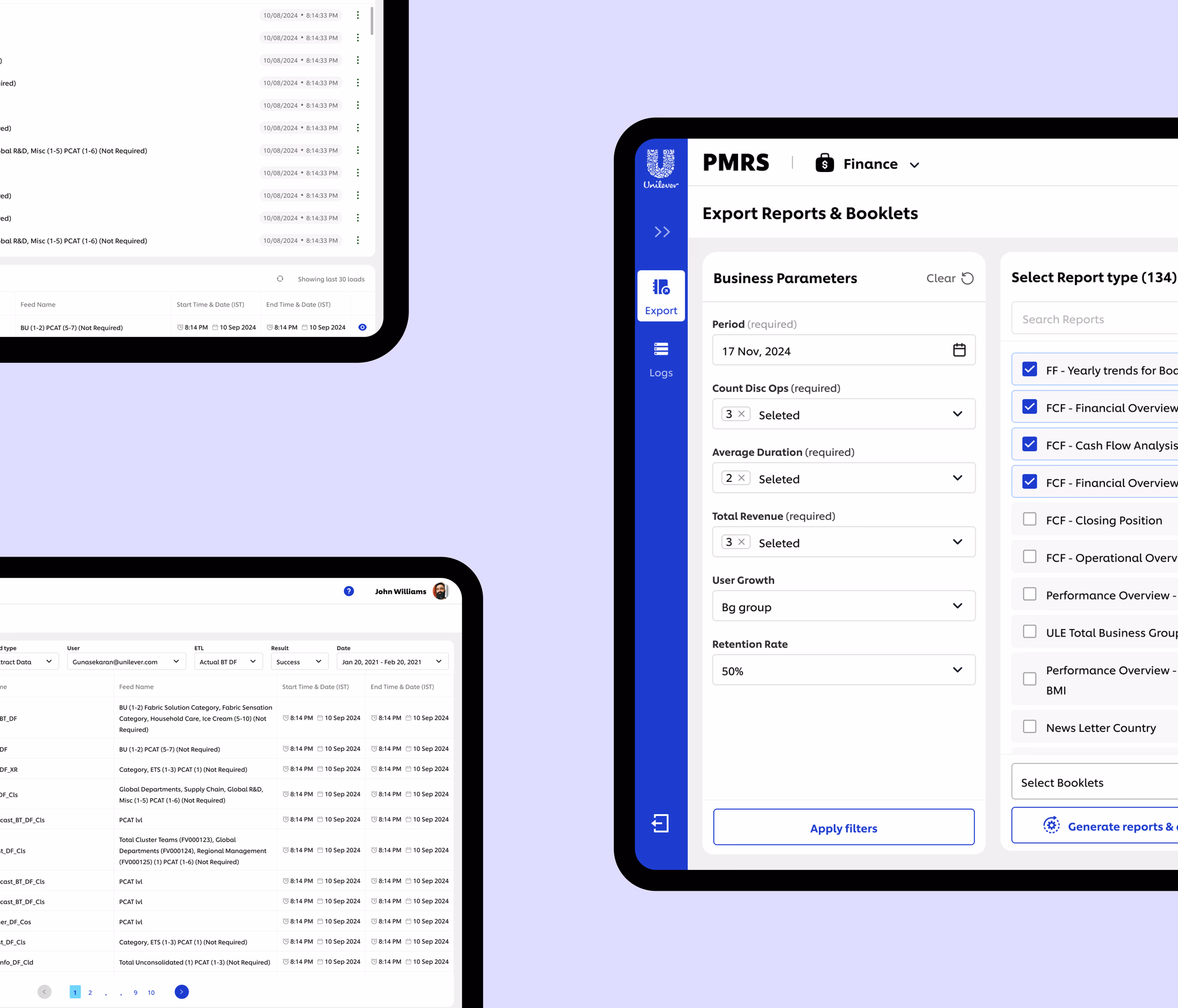 PMRS report export screen with business parameters and report types, beside two data-load log tables