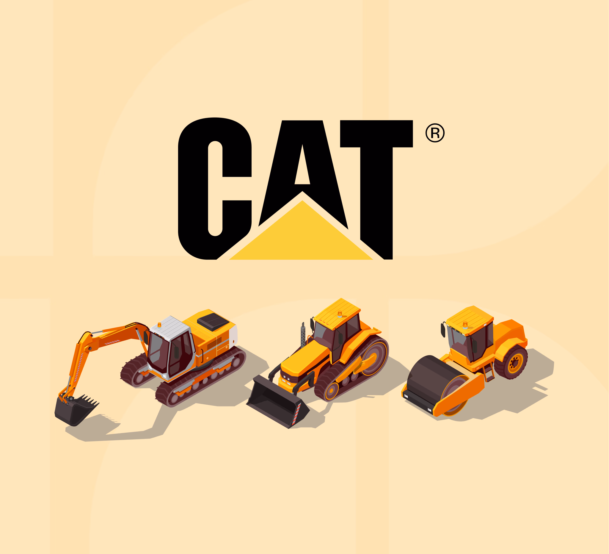 Caterpillar logo above an illustrated excavator, track loader and road roller