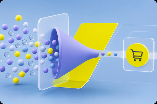 A funnel turning scattered dots into a single cart