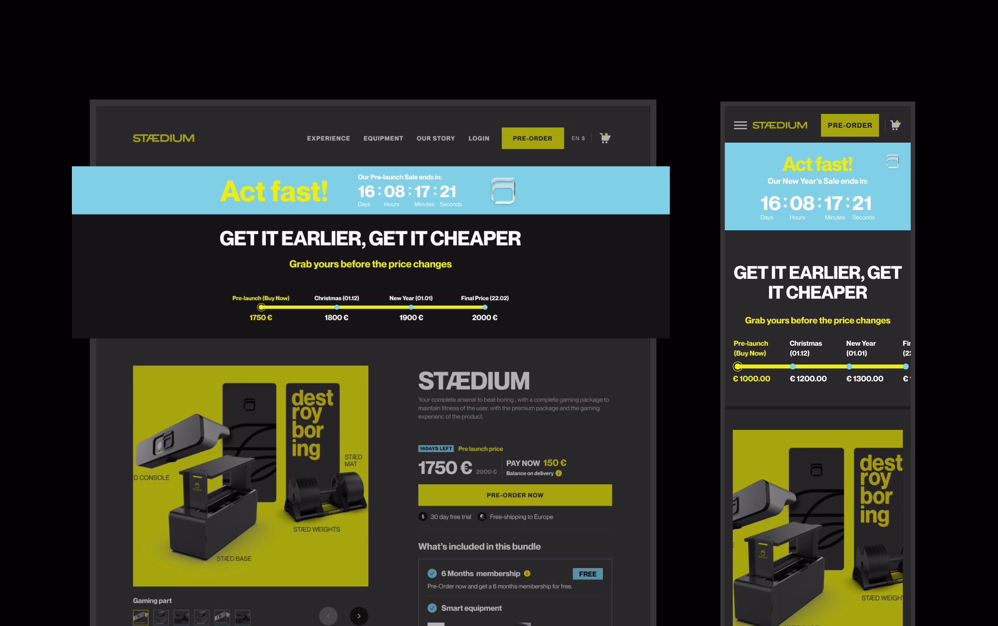 The pre-order page with a countdown banner and a published price ladder