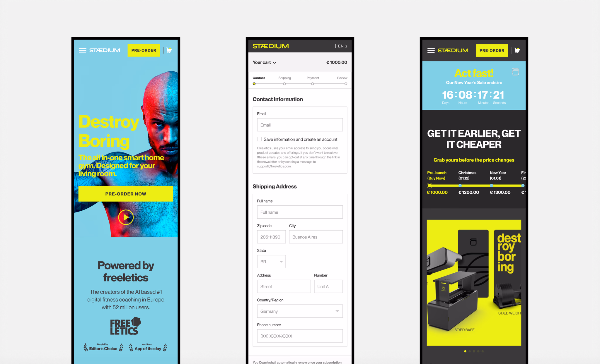 The homepage, checkout and pre-order screens on mobile