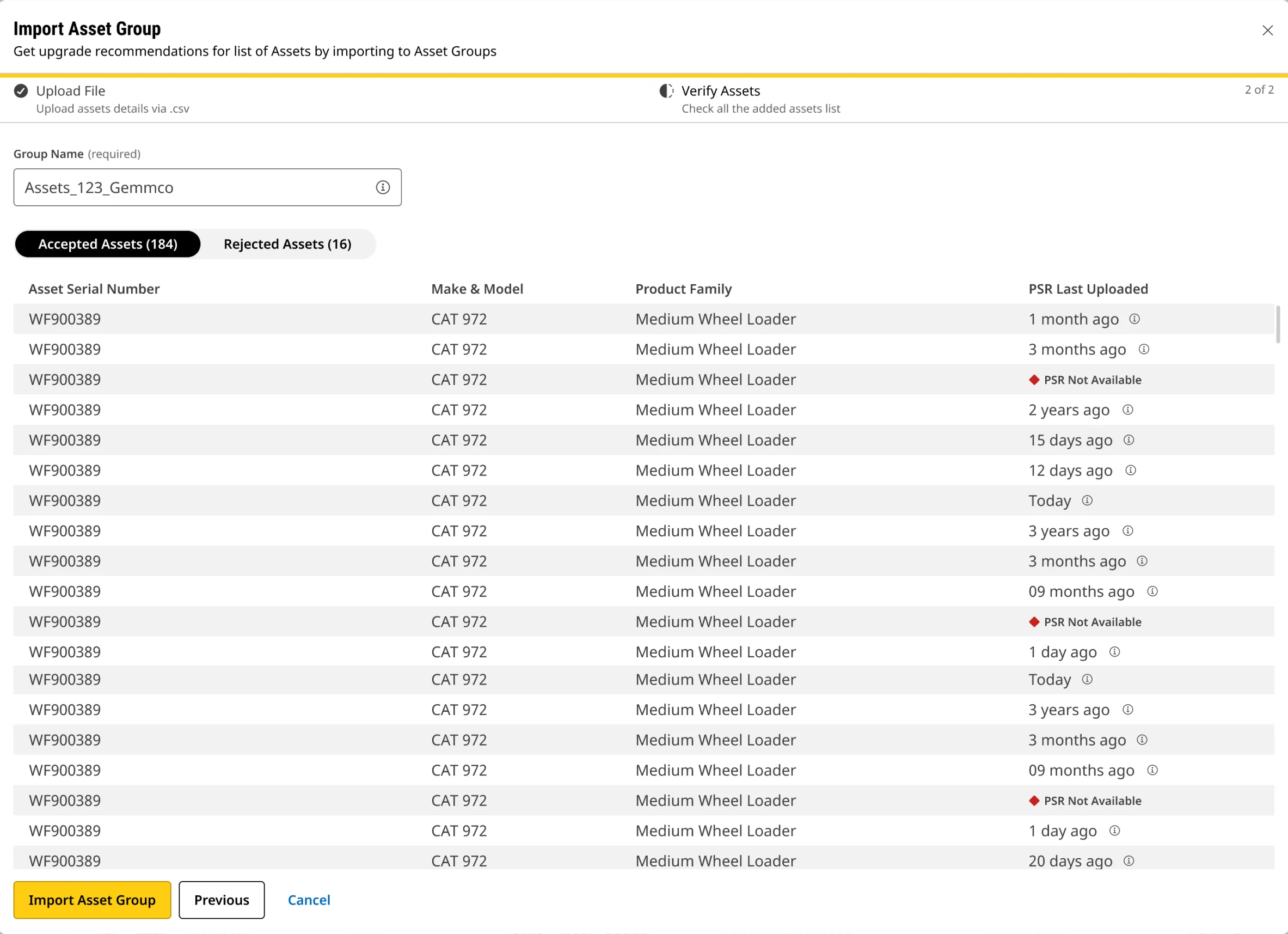 The import's verify step: accepted and rejected assets in separate tabs, each rejected row with its reason