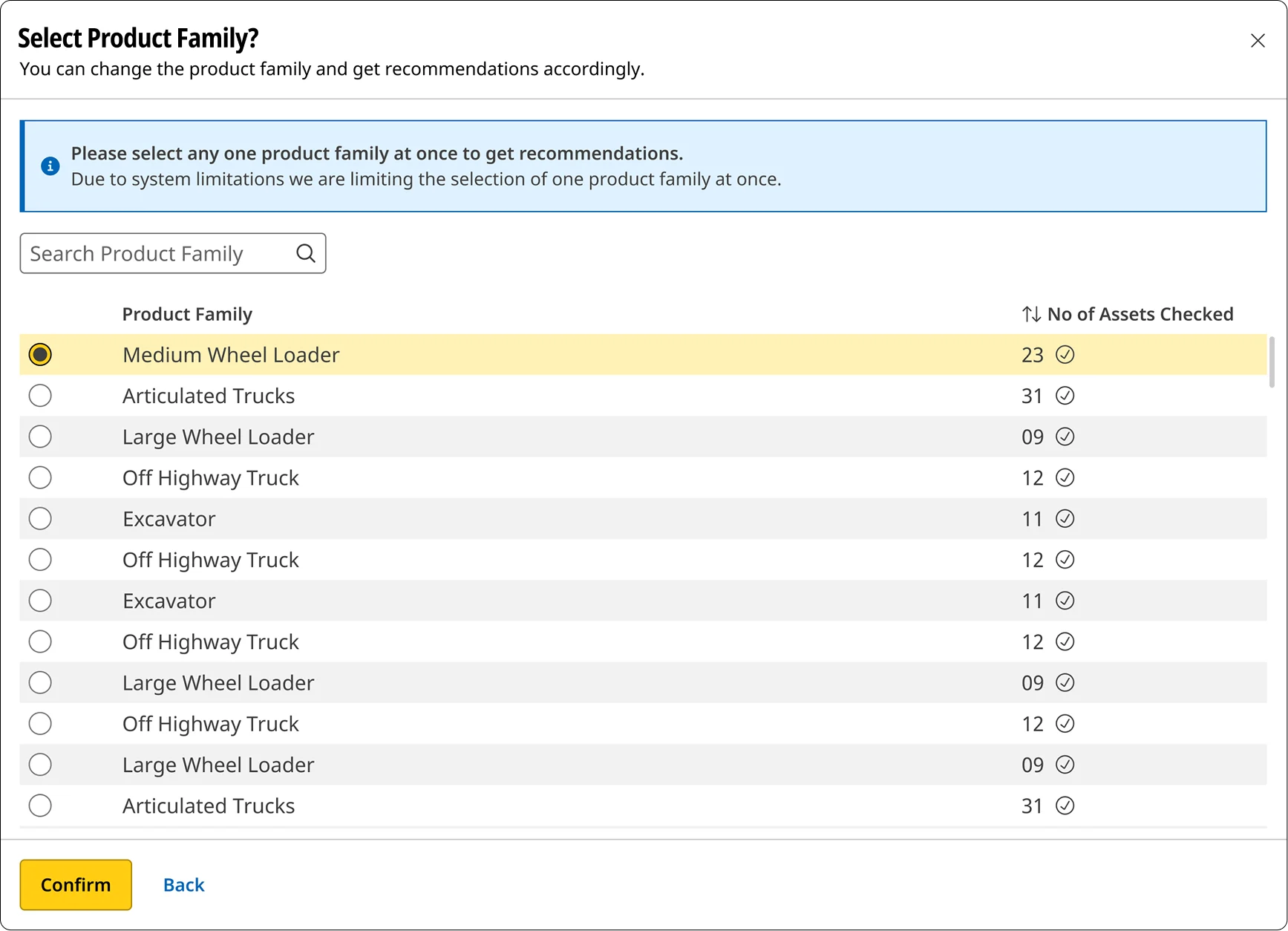 The select product family step: one product family chosen before recommendations are generated