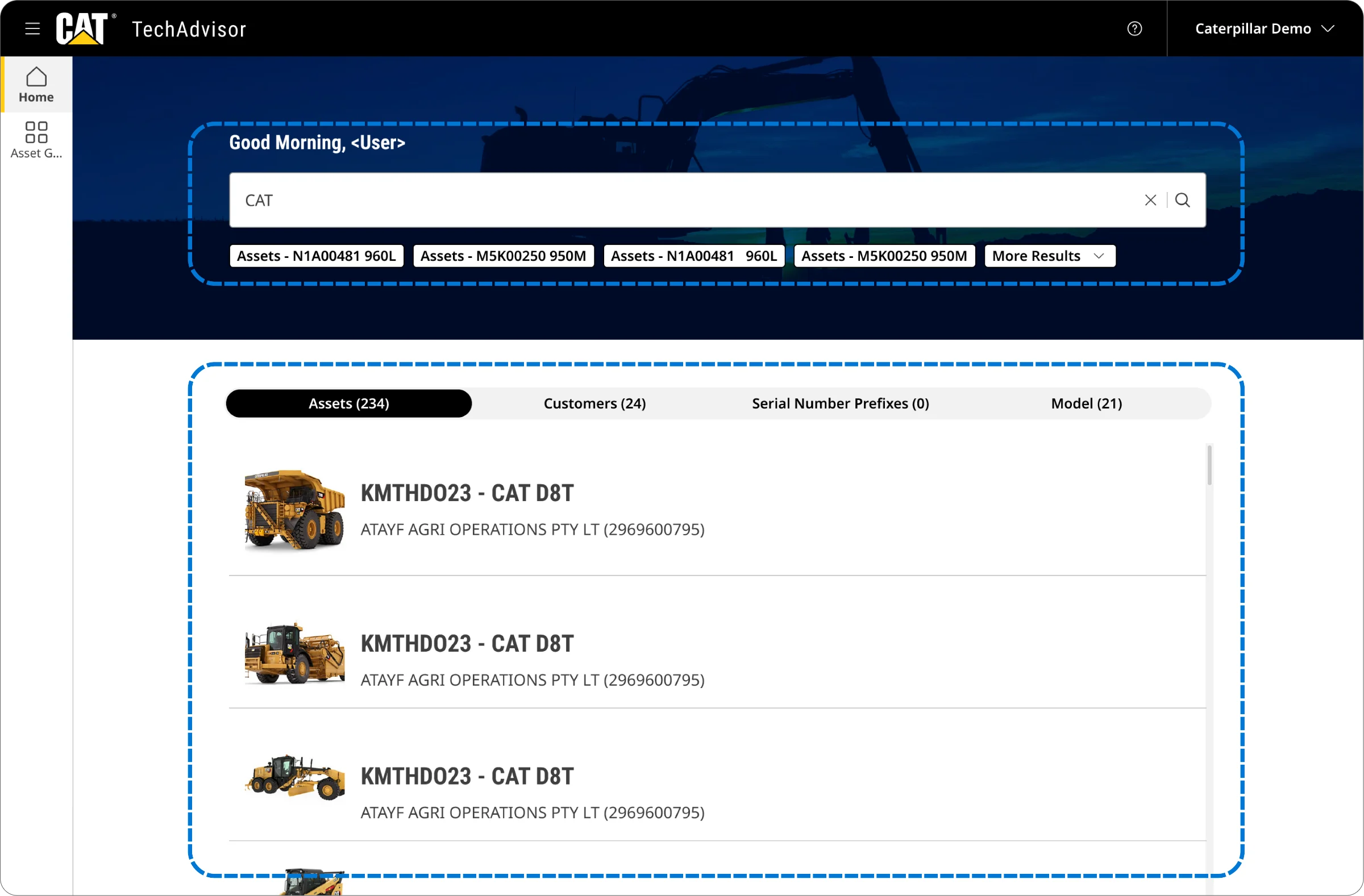The search-based entry point: dealers search for a customer's assets and pick from the results