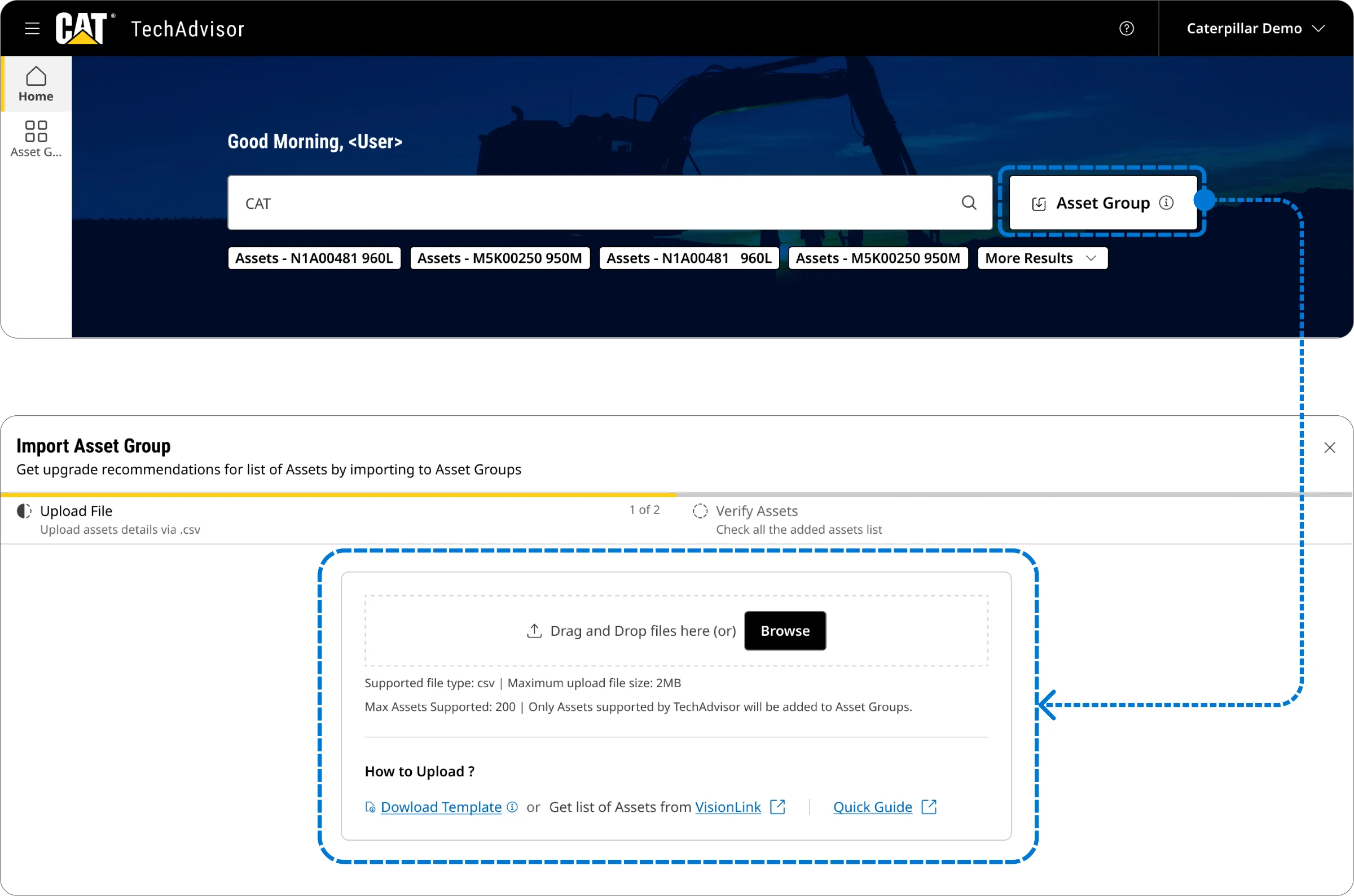 The import-based entry point: dealers upload an Excel file to bring in an asset group