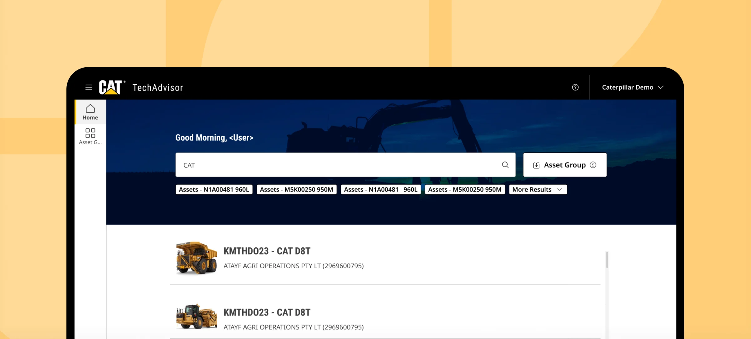 The TechAdvisor home: a search for CAT assets with the matching machines listed below