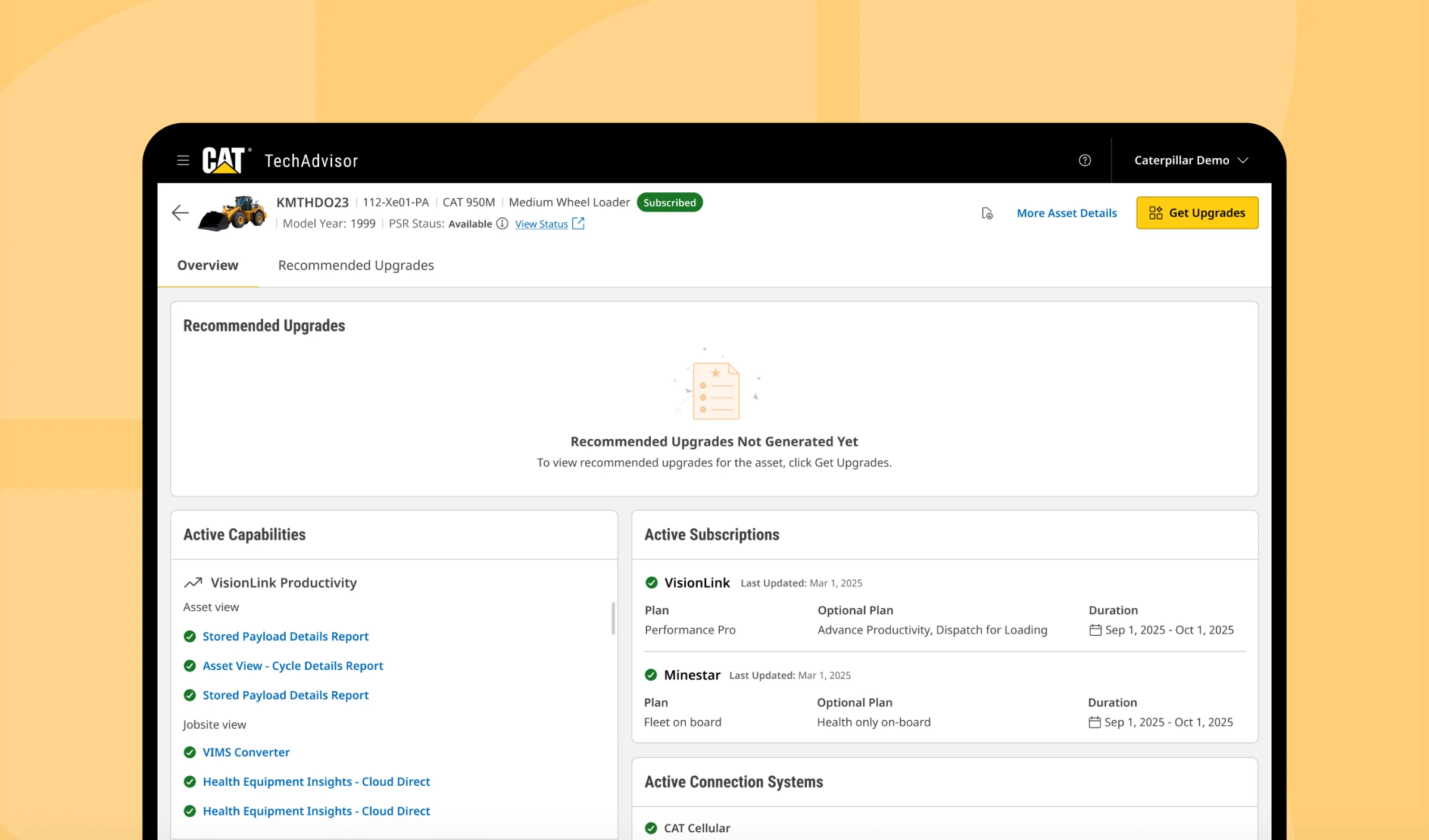 A single asset's overview, with its active capabilities and subscriptions