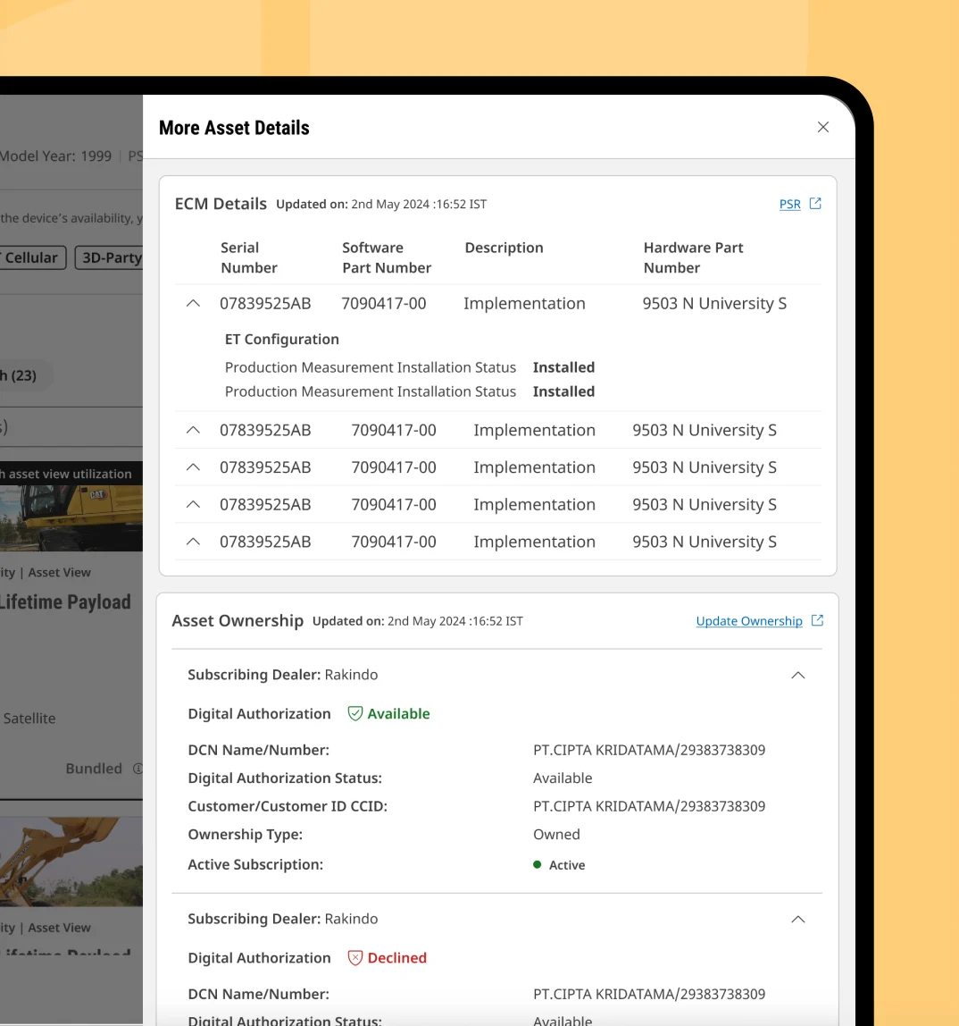 The more asset details drawer: ECM details and asset ownership
