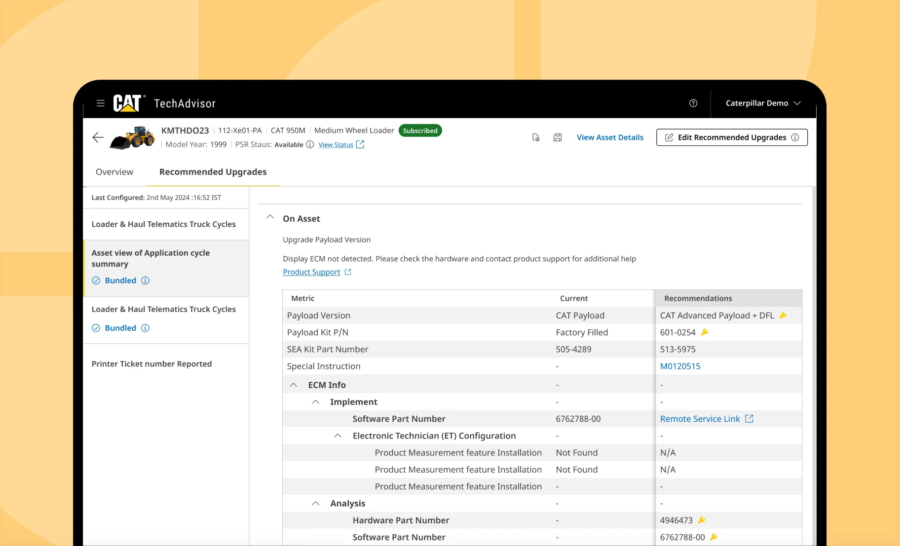 TechAdvisor's recommendation screen on a laptop, against Caterpillar yellow