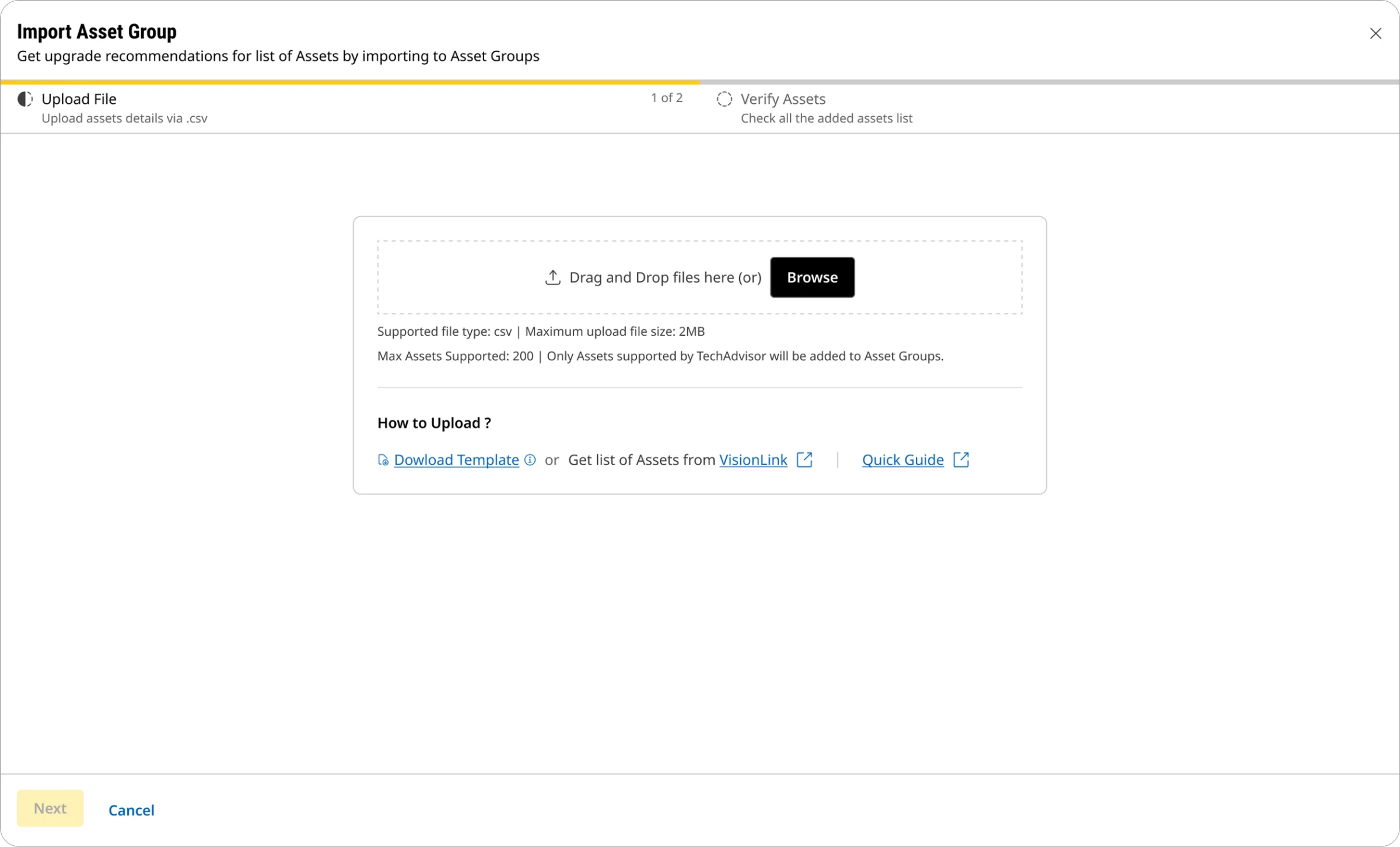 The stepper-based import: upload the file, then verify the assets, as in other CAT applications