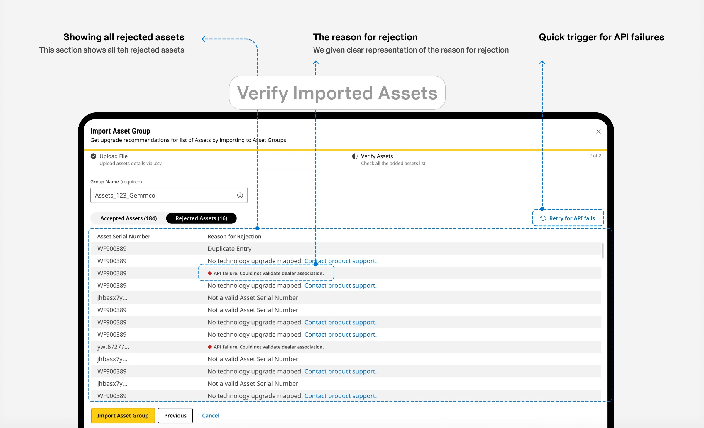 Asset import, Verify imported assets · Rejected