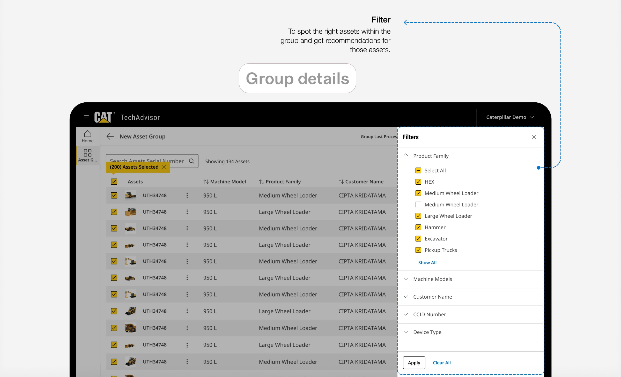 Asset groups, Group details · Filter