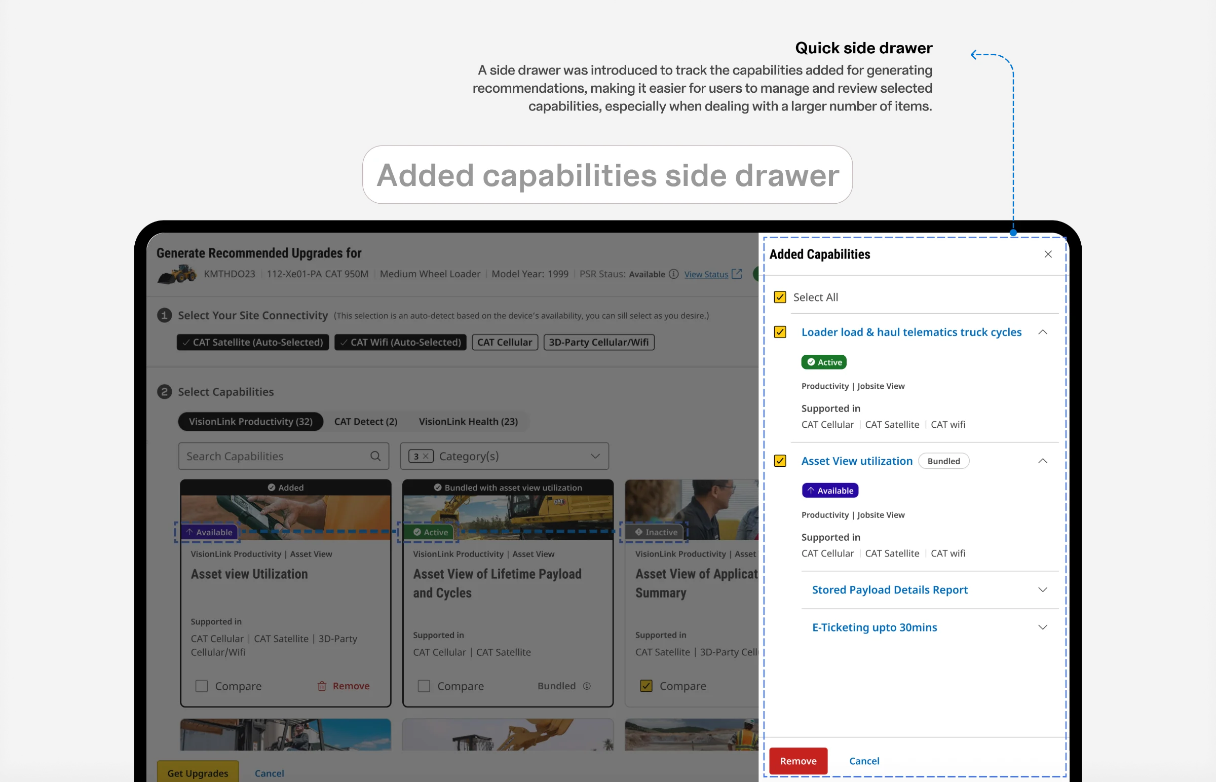 Capability selection, Added capabilities side drawer