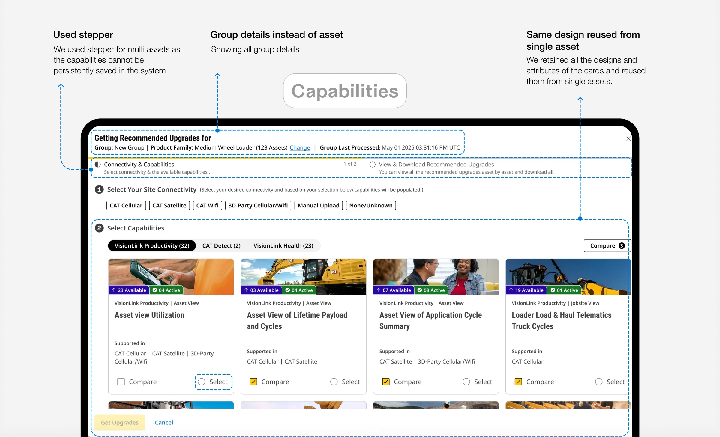 The multi-asset capabilities screen: the single-asset design, with connectivity chosen manually, the asset group as context, and single-select capabilities